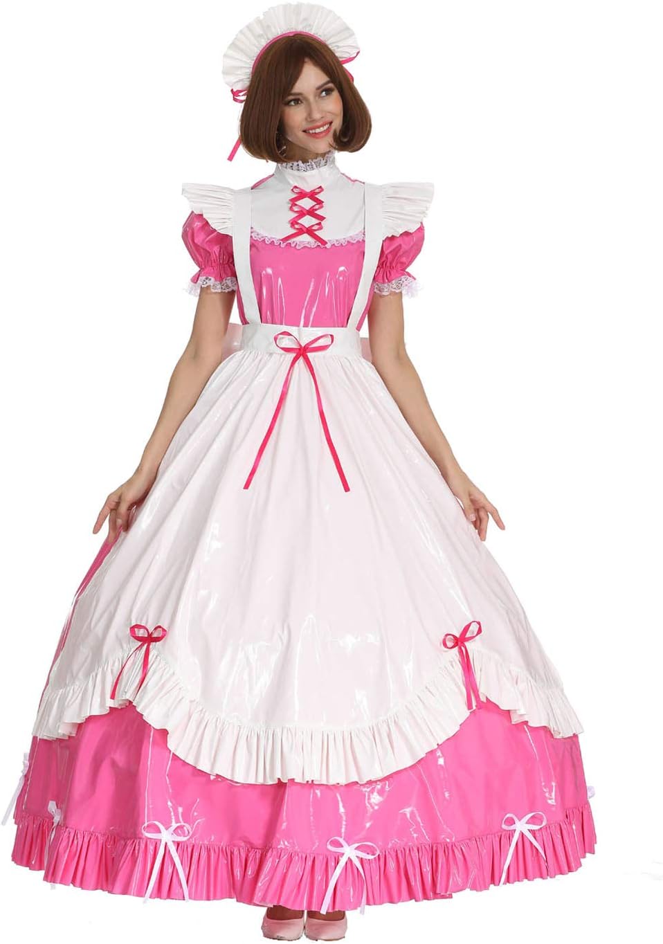 GOceBaby Frauen Sissy Dienstmädchen Gotisch Schleife Rosa PVC Verschliessbar Kleid Crossdress mit La