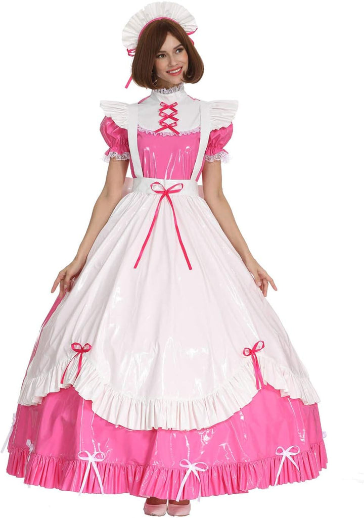 GOceBaby Frauen Sissy Dienstmädchen Gotisch Schleife Rosa PVC Verschliessbar Kleid Crossdress mit La