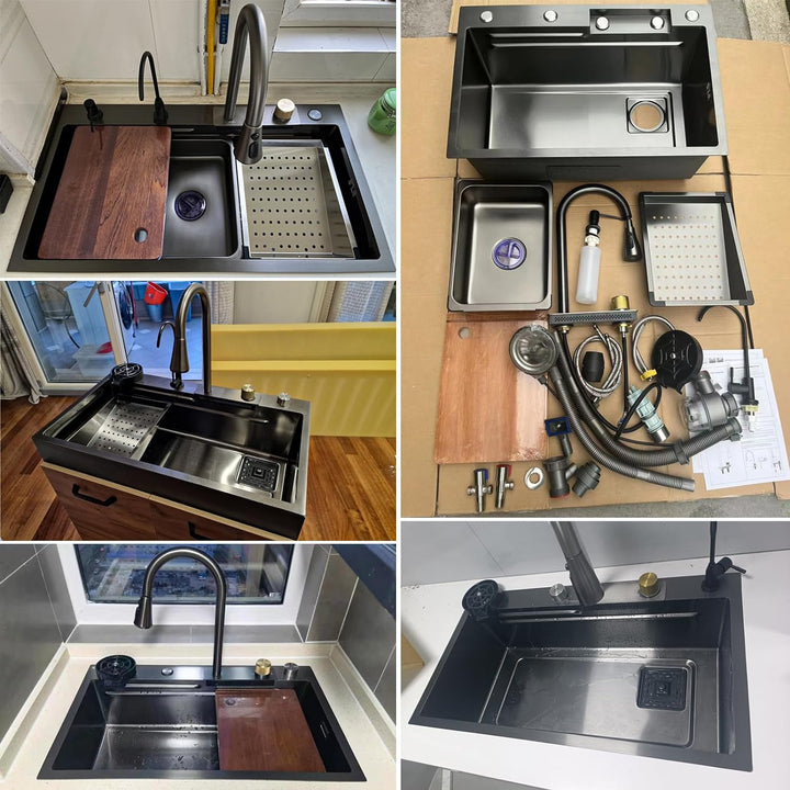 Küchenspüle,Neue Edelstahl Wasserfall Spüle,Drop In Single Bowl Workstation Spüle,Mit Cup Washer Spü