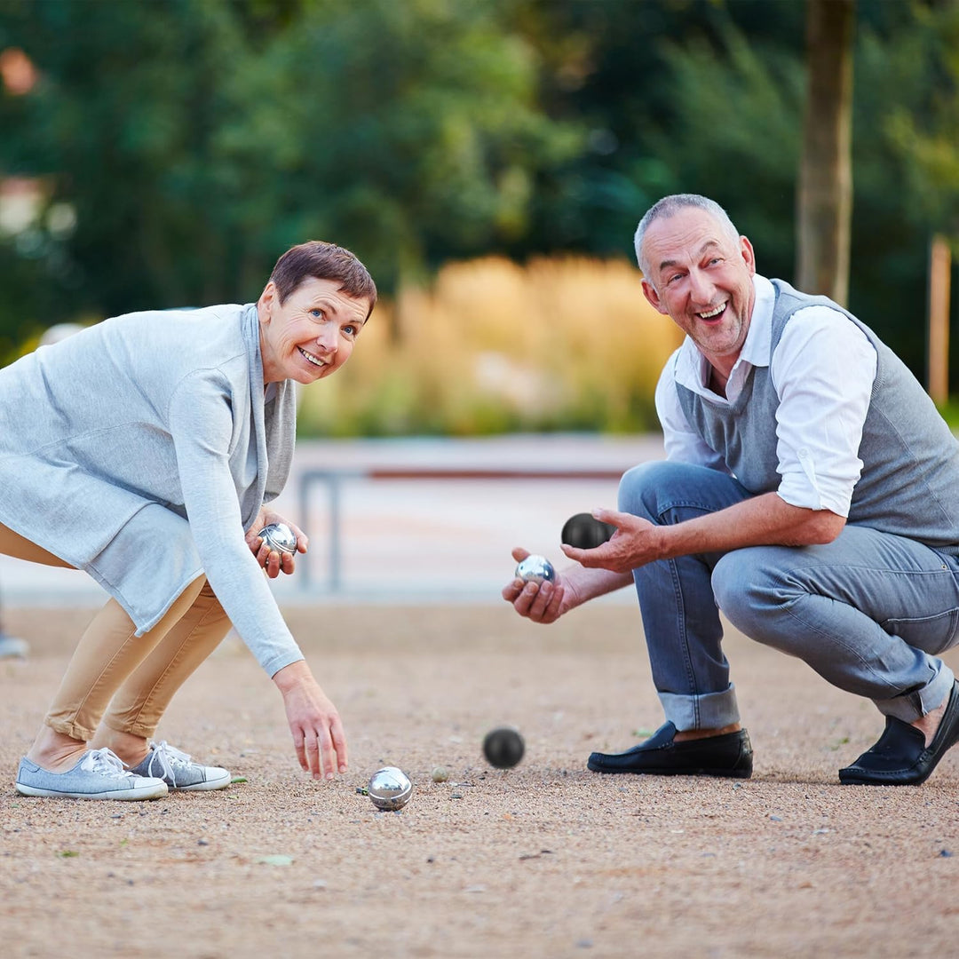 Relaxdays Boule Kugeln, 6 Metall-Kugeln, Set mit Zielkugel & Abstandsmesser, Tragetasche, Boccia Spi