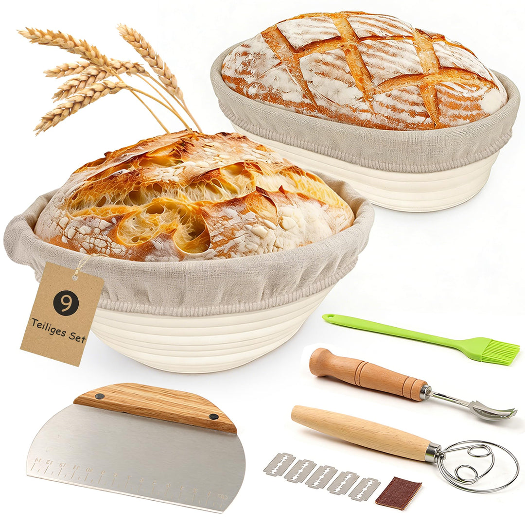 Gärkörbchen Gärkorb Set 25 cm Runde & 23cm Oval,Brot Backen Zubehör,Brot Gärkorb mit 5 Bäckermesser,