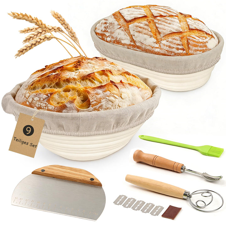 Gärkörbchen Gärkorb Set 25 cm Runde & 23cm Oval,Brot Backen Zubehör,Brot Gärkorb mit 5 Bäckermesser,