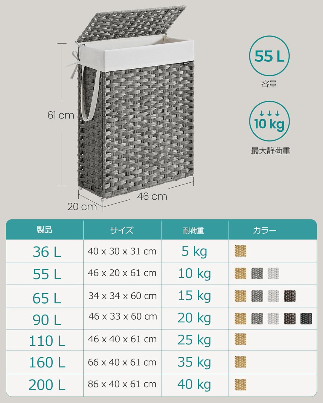 SONGMICS Wäschekorb schmal, Wäschesammler 55 L, Wäschebox aus synthetischem Rattan, mit Deckel und G