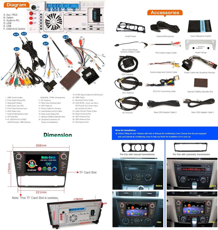 Erisin 8 Kern Android 14 DAB+ Autoradio 4GB+64GB Bluetooth Für BMW 3er E90 E91 E92 E93 M3 mit GPS Na