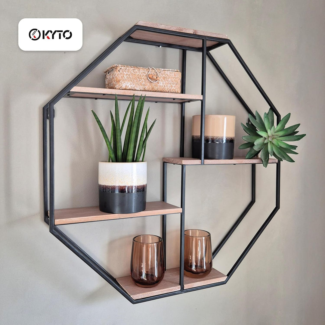 Kyto Wandregal Achteckig 60x60cm Durchmesser, Robustes Oktagon Deko Regal aus Metall Oktagonalform u