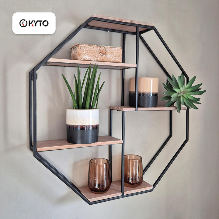 Kyto Wandregal Achteckig 60x60cm Durchmesser, Robustes Oktagon Deko Regal aus Metall Oktagonalform u