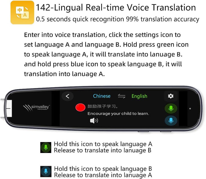 simvalley MOBILE Übersetzerstift: Übersetzer-Stift, 142 Online-Sprachen, Scan-Funktion, Touch-Displa