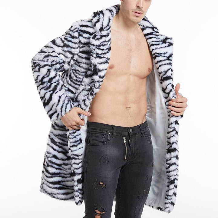 Celucke Pelzmantel Herren Lang Kunstpelz Mantel Leopard Strickjacke Reverskragen Winterjacke Warme V