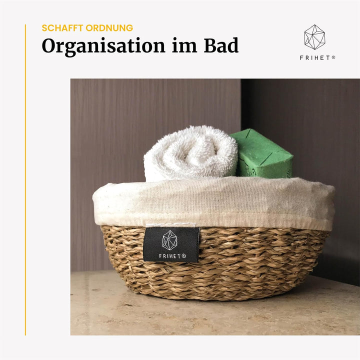 FRIHET Brotkorb Seegras 2er Set handgeflochten | Brotkörbchen rund mit Leineneinsatz | Obstkorb Bröt