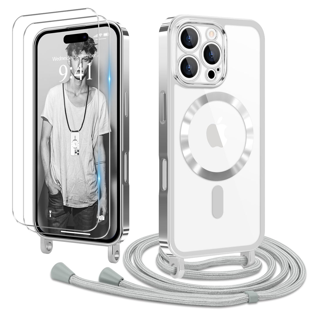 Handyband für iPhone 16 Pro Hülle mit Band + 2 Stück Glas Schutzfolie Transparent Silikon Handyhülle