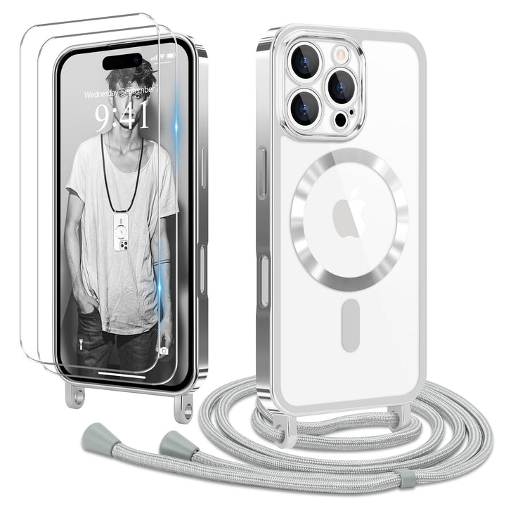 Handyband für iPhone 16 Pro Hülle mit Band + 2 Stück Glas Schutzfolie Transparent Silikon Handyhülle