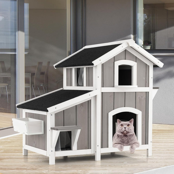 COSTWAY Katzenhaus Outdoor, 2-stöckige Katzenhütte, Katzenvilla mit Asphaltdach, Fluchttüren, PVC-Vo