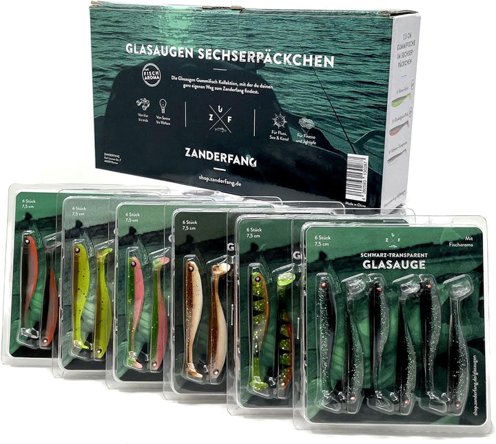 Zanderfang - Gummifische Set - Glasaugen Gummiköder für Zander, Barsch, Hecht - mit Fischaroma aroma