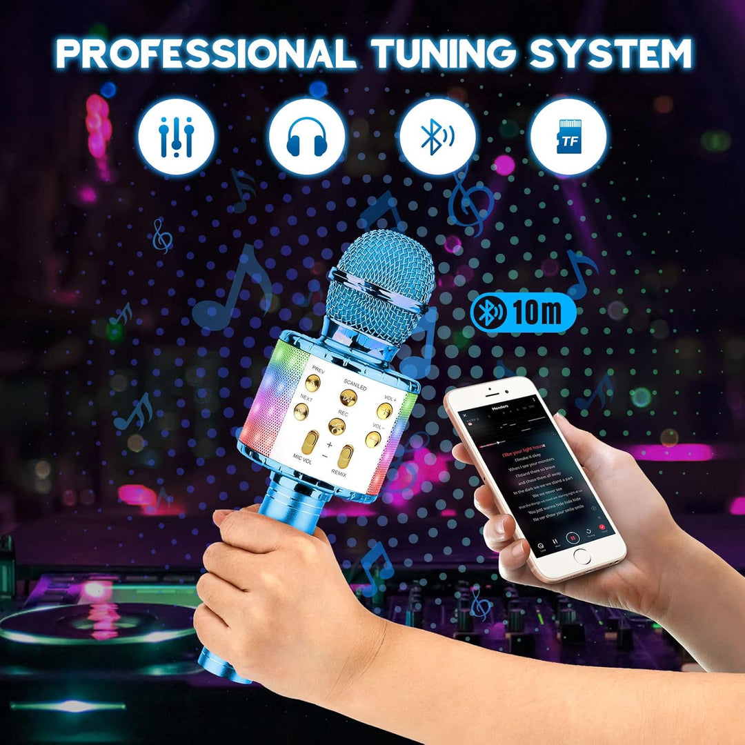 ShinePick Mikrofon Kinder, 4-in-1 Drahtloses Bluetooth Karaoke Mikrofon, Tragbare LED Microphone für
