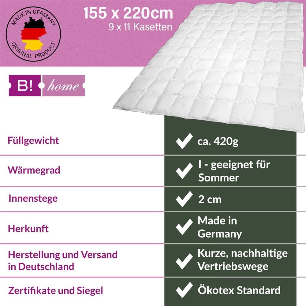 B!HOME Sommerdecke 100% Daunen 155x220cm (420g) Bezug 100% Baumwolle Decke Sommerbett Bettdecke Step