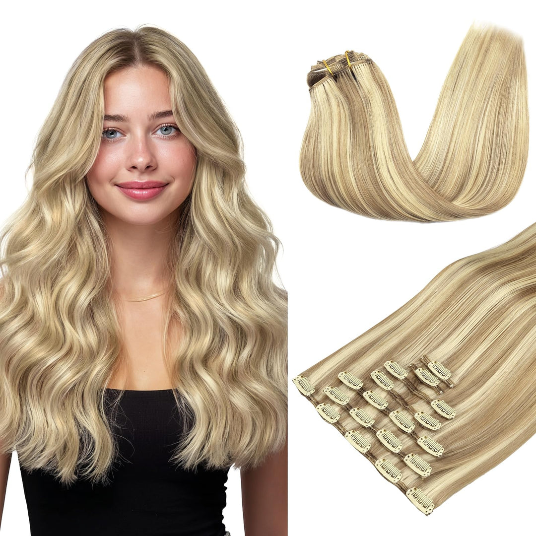 MAXITA Clip in Haarverlängerungen aus echtem Menschenhaar, Remy Haar Clip in Extensions für Damen, n