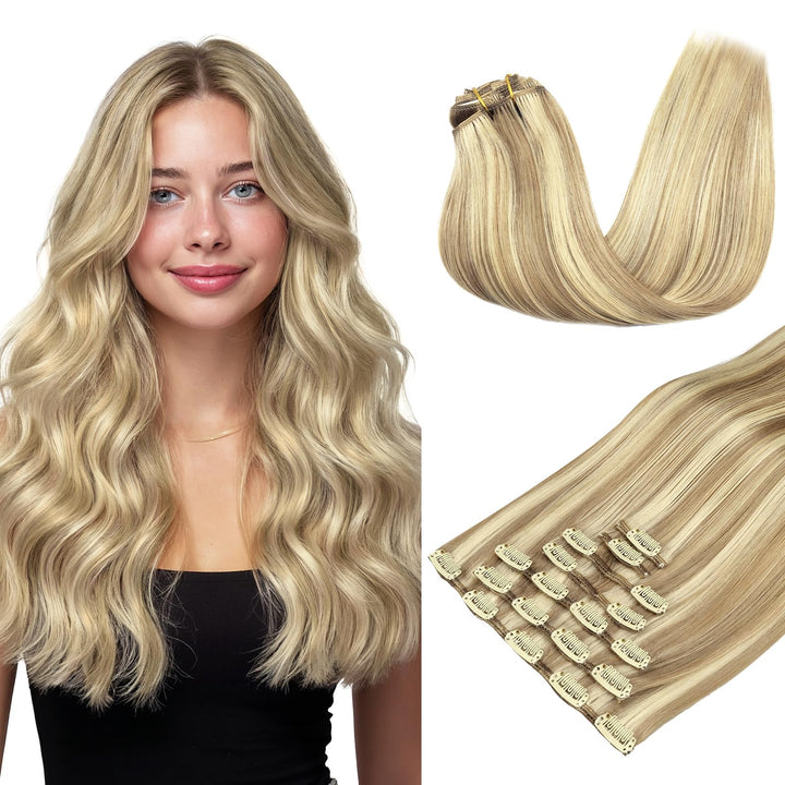 MAXITA Clip in Haarverlängerungen aus echtem Menschenhaar, Remy Haar Clip in Extensions für Damen, n