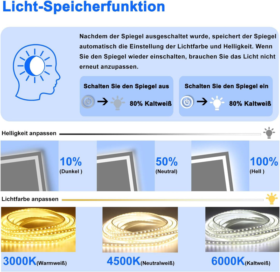 Aica Sanitär Spiegel mit Beleuchtung 70×50cm 3 Lichfarbe dimmbar Memory Wand/Touchschalter Beschlagf