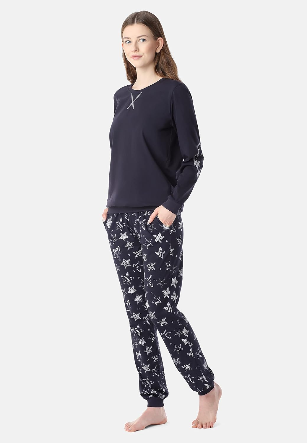 Merry Style Damen Schlafanzug aus Baumwolle Pyjama Nachtwäsche Set MS10-168 S Marineblau-silberne St