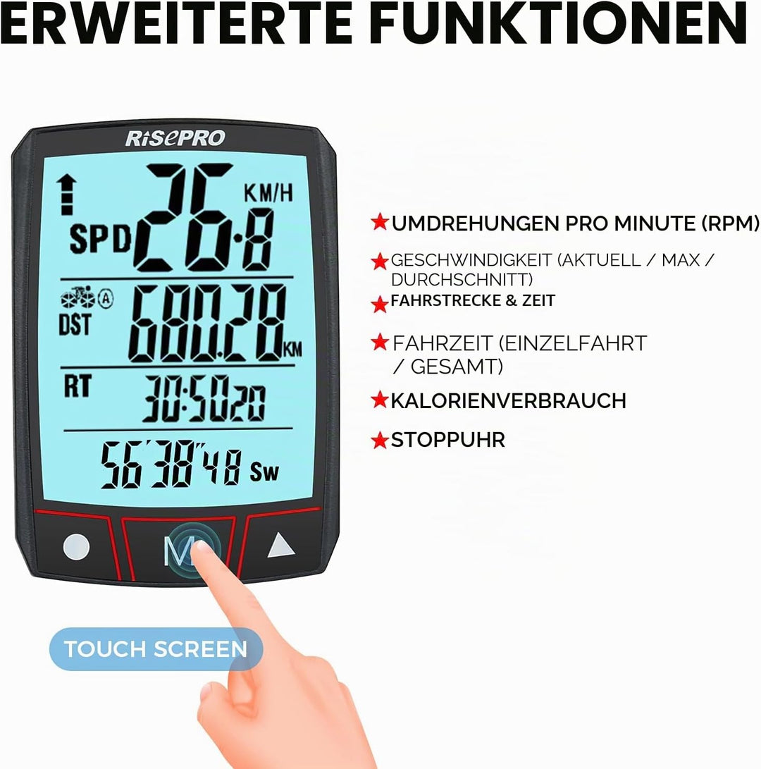 RISEPRO Fahrradcomputer, kabellos, wasserdicht, multifunktional, mit LCD-Display mit Hintergrundbele