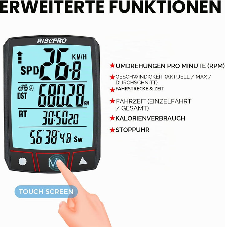 RISEPRO Fahrradcomputer, kabellos, wasserdicht, multifunktional, mit LCD-Display mit Hintergrundbele