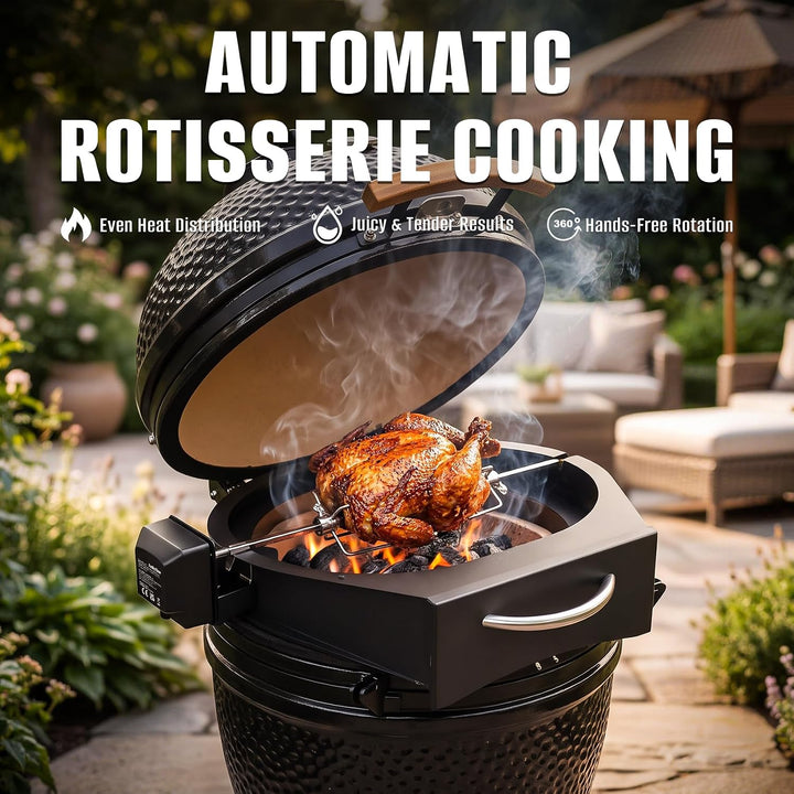 Onlyfire 6065 PizzaRing Kit mit Drehspiess, Pizzaeinsatz und Rotisserie Grillspiess für Kamado Joe C