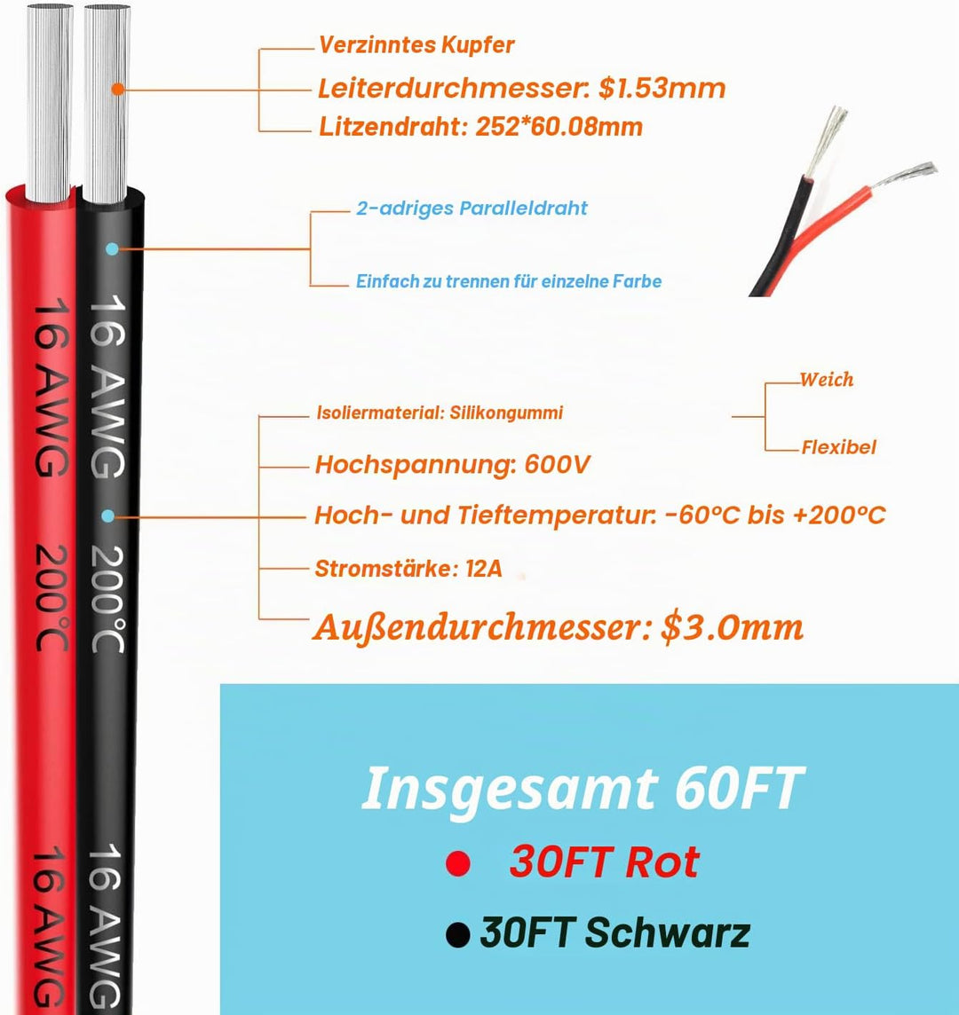 16 AWG Silikon-Elektrodraht, 2 Leiter, parallele Drahtlinie, 18,3 m, schwarz, 9 m, rot, 9 m, 16 Gaug
