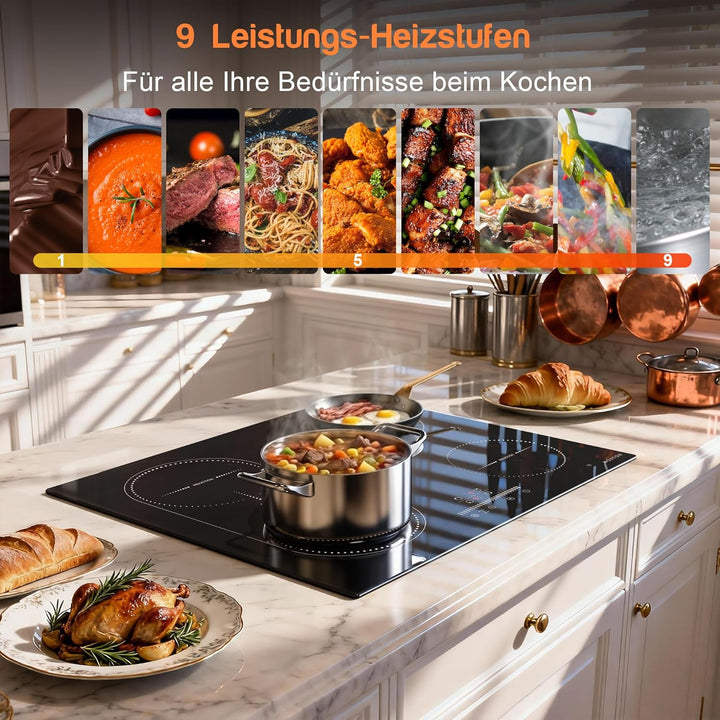 NOXTON Induktionskochfeld Einbau, Kochfeld Induktion 3500w - Flexzonen 4-Zonen, 3500w - Flexzonen 4-