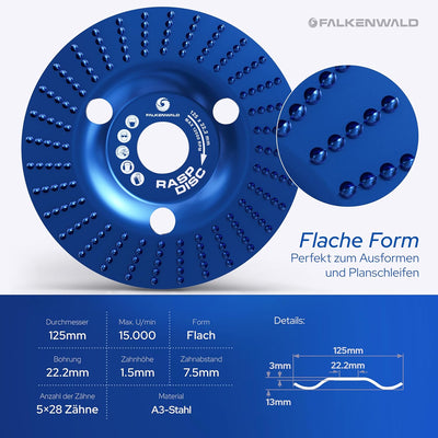 FALKENWALD Raspelscheibe 125 Flach - Flexscheibe für Holz 125mm, Frässcheibe für Winkelschleifer Hol