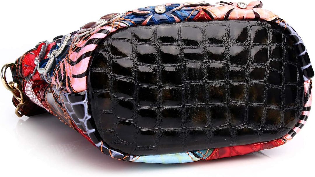 Segater® Mehrfarbig Floral Rind Leder-Umhängetasche für Damen, Vintage Rindsleder Handtasche Blumenm