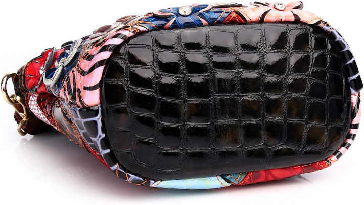 Segater® Mehrfarbig Floral Rind Leder-Umhängetasche für Damen, Vintage Rindsleder Handtasche Blumenm