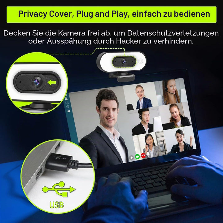Webcam mit Ringlichtmikrofon - Streaming Web Kamera, 1080P Full HD Pro Kamera für PC Mac Laptop Desk