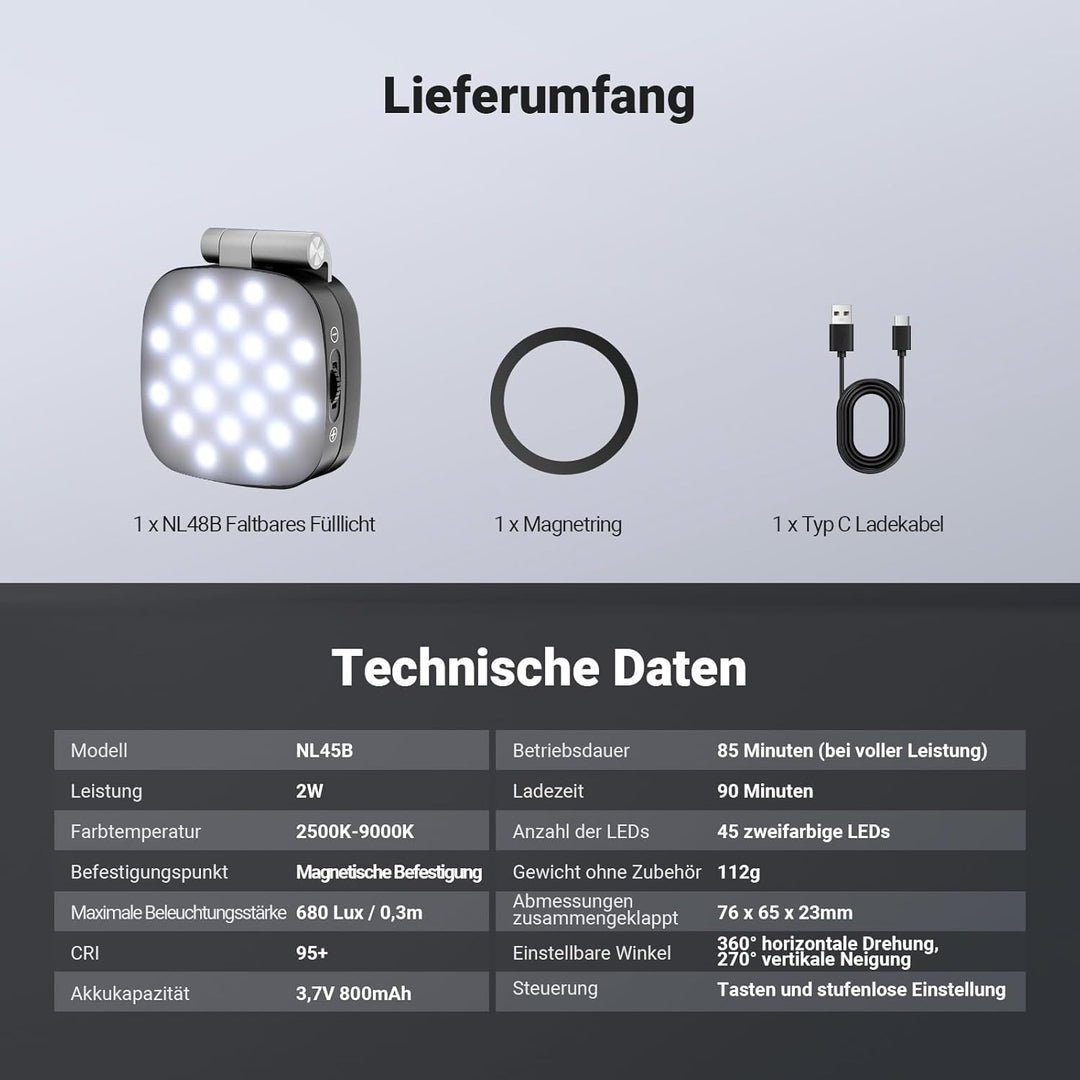NEEWER Basics Magnetisches Selfie Licht Handy kompatibel mit MagSafe iPhone, 2W CRI95+ zweifarbiges