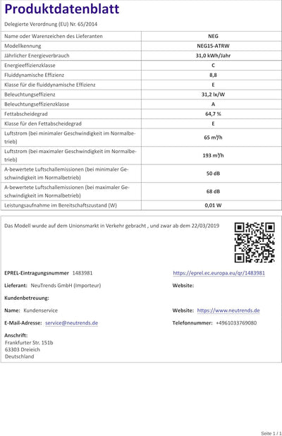 NEG Dunstabzugshaube NEG15-ATRW (weiss) Edelstahl-Unterbau-Haube (Abluft/Umluft) und LED-Beleuchtung