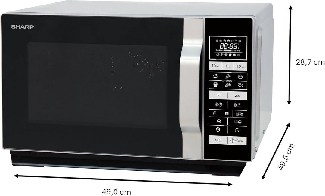 SHARP R-860S Mikrowelle mit Grill & Heissluft – 25 L, 900 W, 6 Automatikprogramme, Flat Table, LCD-D