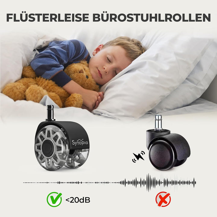 Sytopia Bürostuhl Rollen 10 x 22mm, Rollen Für Bürostühle 70mm, Gummi Bürostuhlrollen, 5er-Set, Für