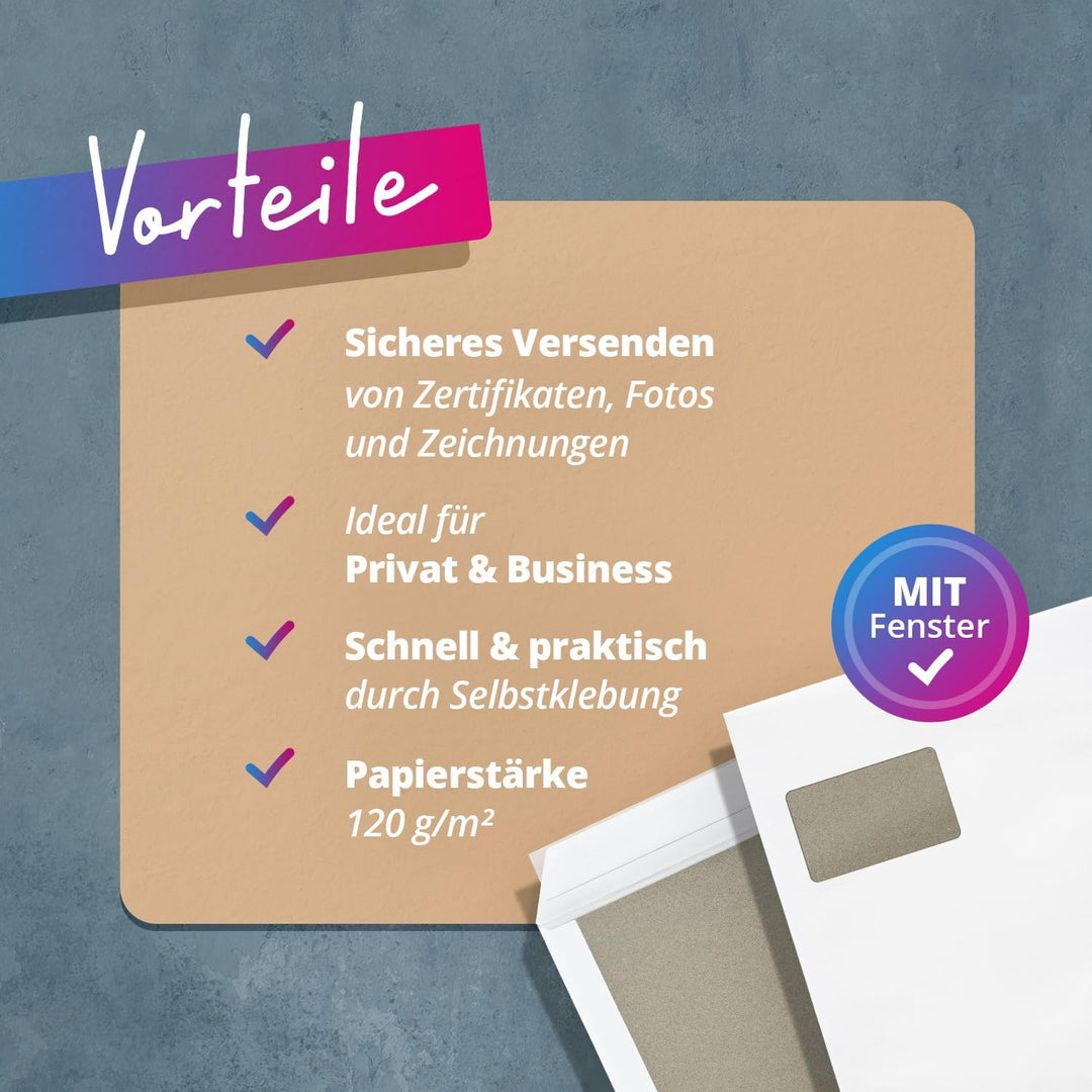 Briefumschläge mit Fenster DIN C4 weiss Papprückwand | 25 Stück | selbstklebend | Versandtaschen PRE