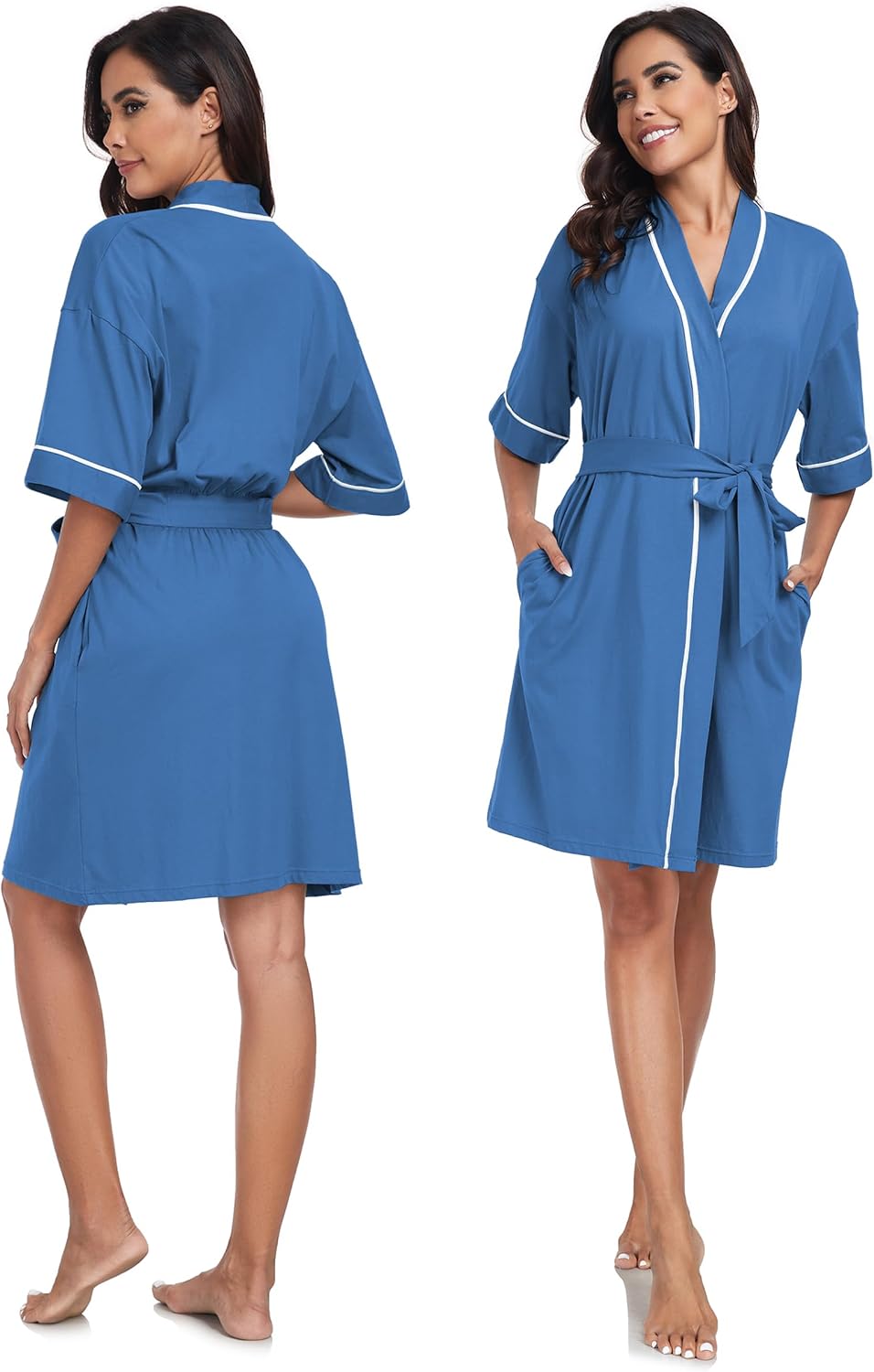 COLORFULLEAF 100% Baumwolle Bademantel Damen Kurz Morgenmantel Leicht Knielang Kimono Saunamantel Na
