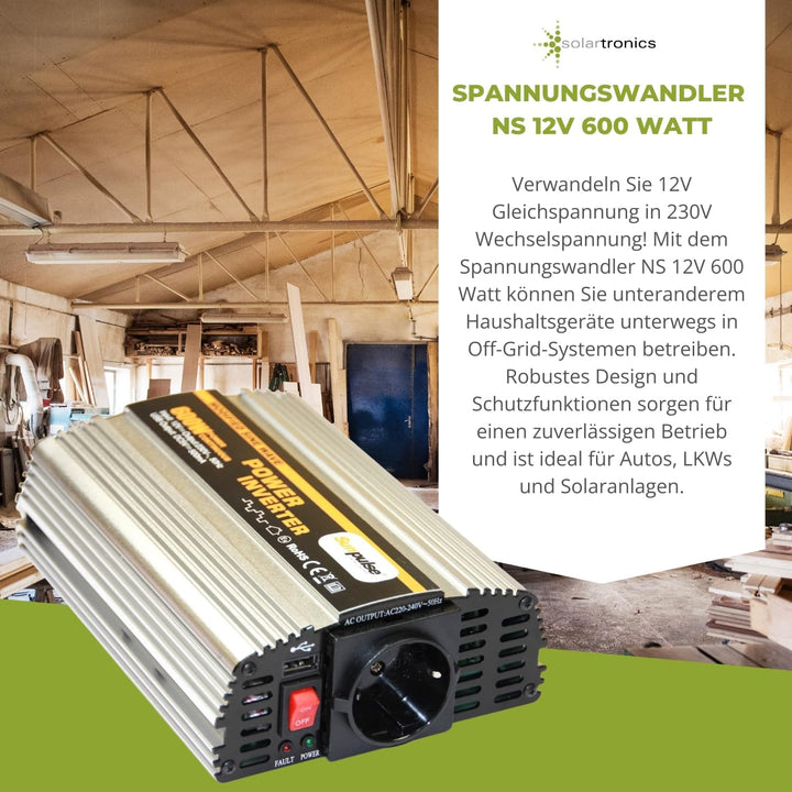 SOLARTRONICS NS600 Spannungswandler 12V 230V modifizierter Sinus 600W/1200W Wechselrichter 12V auf 2
