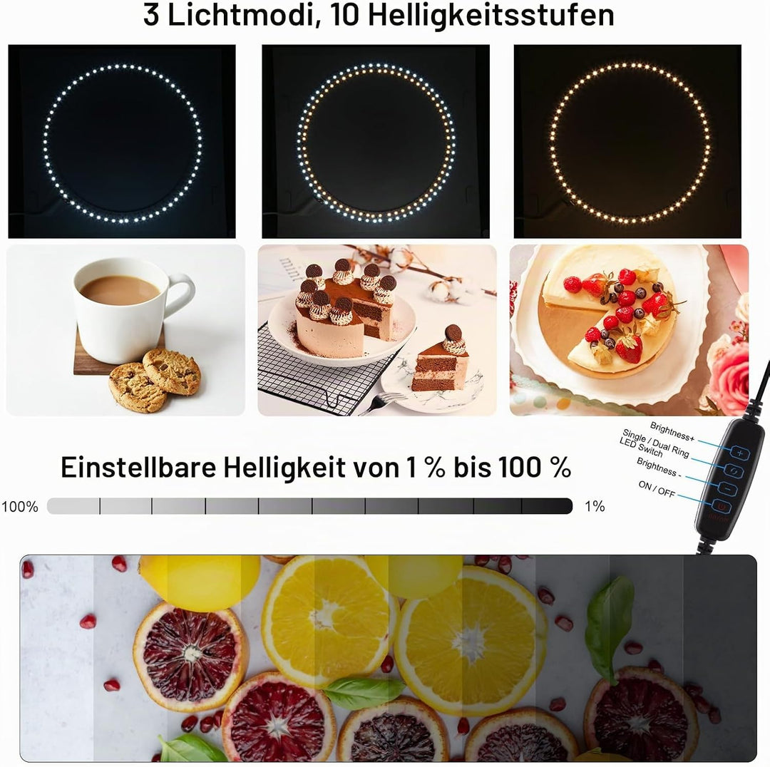 PULUZ Fotobox 50x50 cm Faltbares Fotostudio, 200 LEDs Dimmbarer Lichtkasten mit 12 Hintergründen für