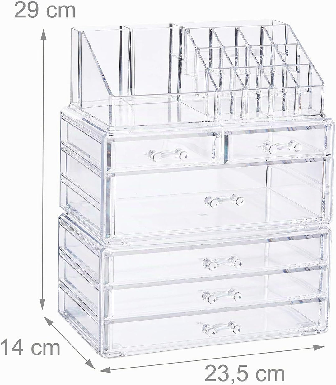 Relaxdays, transparent Kosmetikorganizer mit 6 Schubladen, 22 Fächer Make Up Organizer, Schmink-Aufb