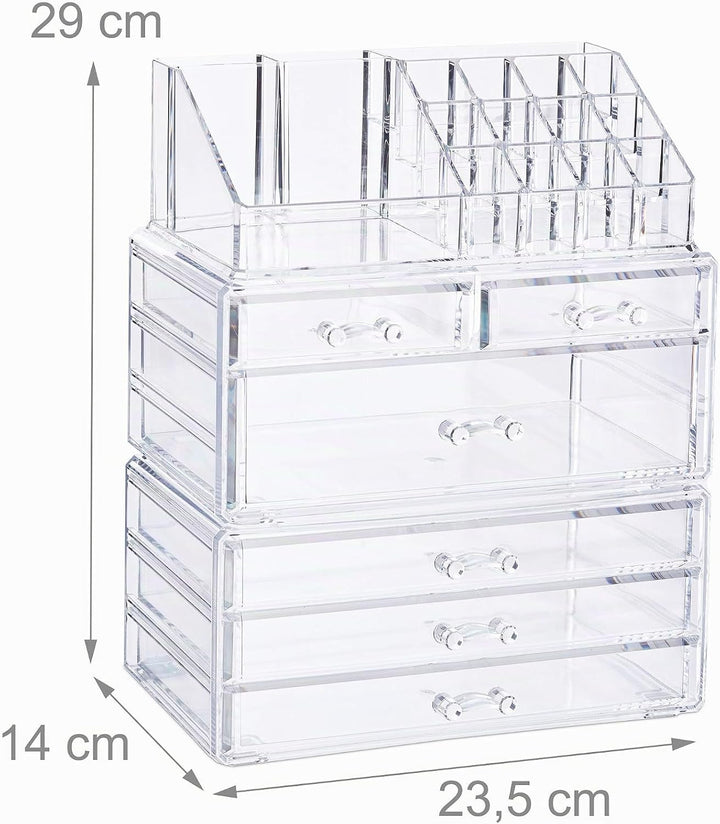 Relaxdays, transparent Kosmetikorganizer mit 6 Schubladen, 22 Fächer Make Up Organizer, Schmink-Aufb