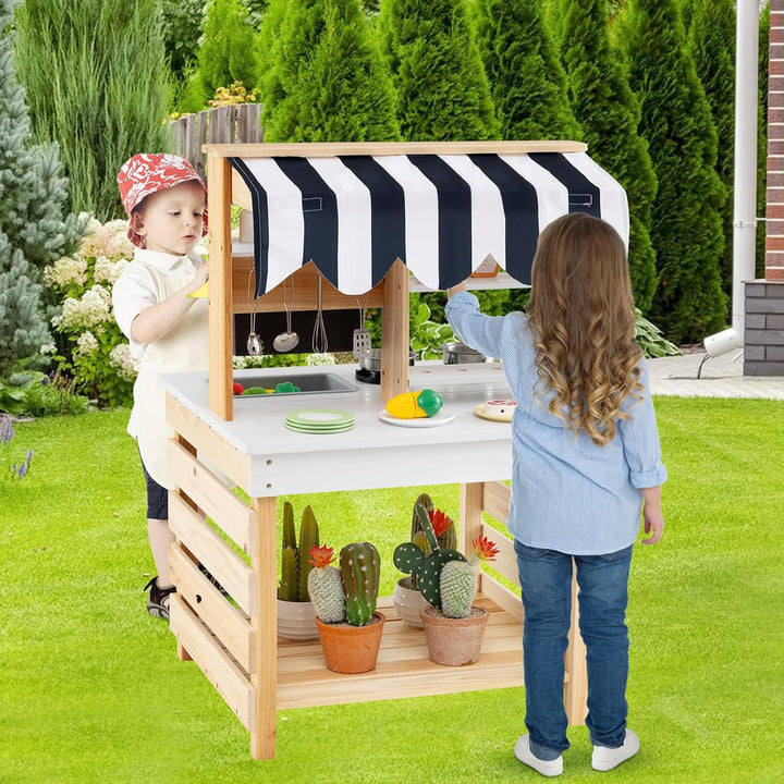 DREAMADE Matschküche Kinder Outdoor, Kinderküche aus Tannenholz mit Dach, Wassertank, Wasserhahn, Sp