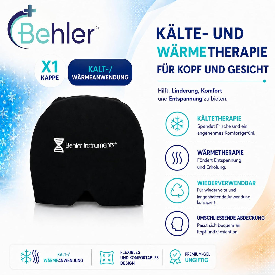 Gel Kühlmütze Migräne Maske (20 x 19 cm) - Kalt/Warm Therapie zur Linderung von Kopfschmerzen - Bequ