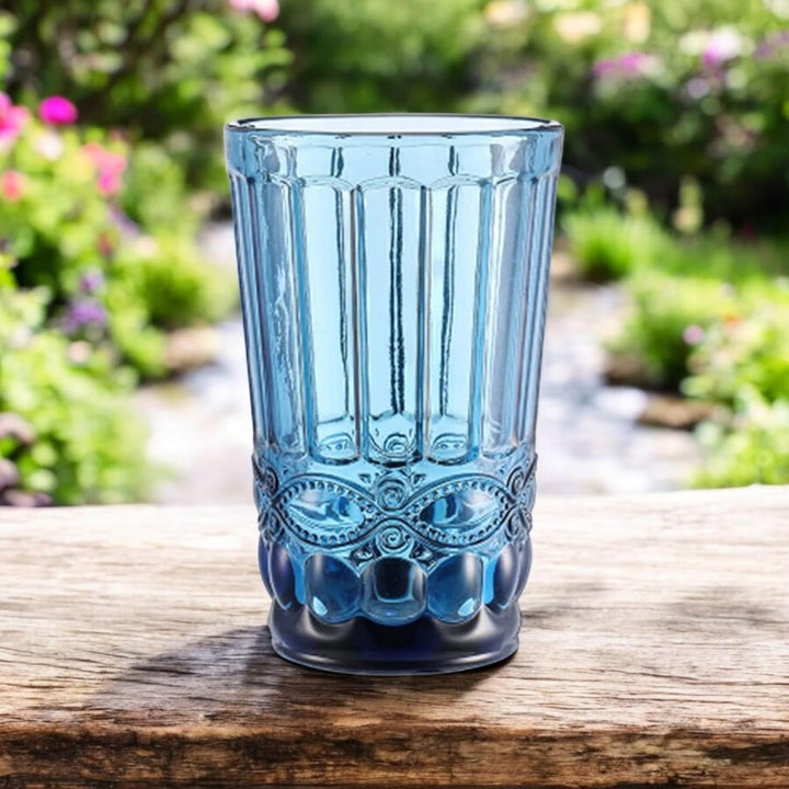 Vintage 6er-Set Farbige Weingläser und Trinkgläser mit Prägung Relief (Schleife, Blau, 400 ml) Weing