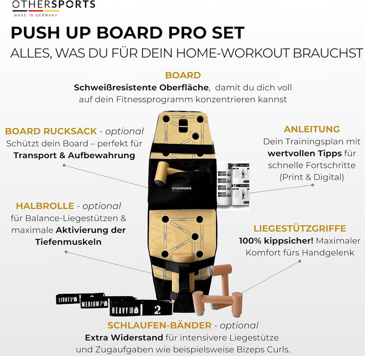 Liegestütze Brett aus Echtholz mit Fitness Bändern – Push up Board Fitnesstraining für gezielten Kra