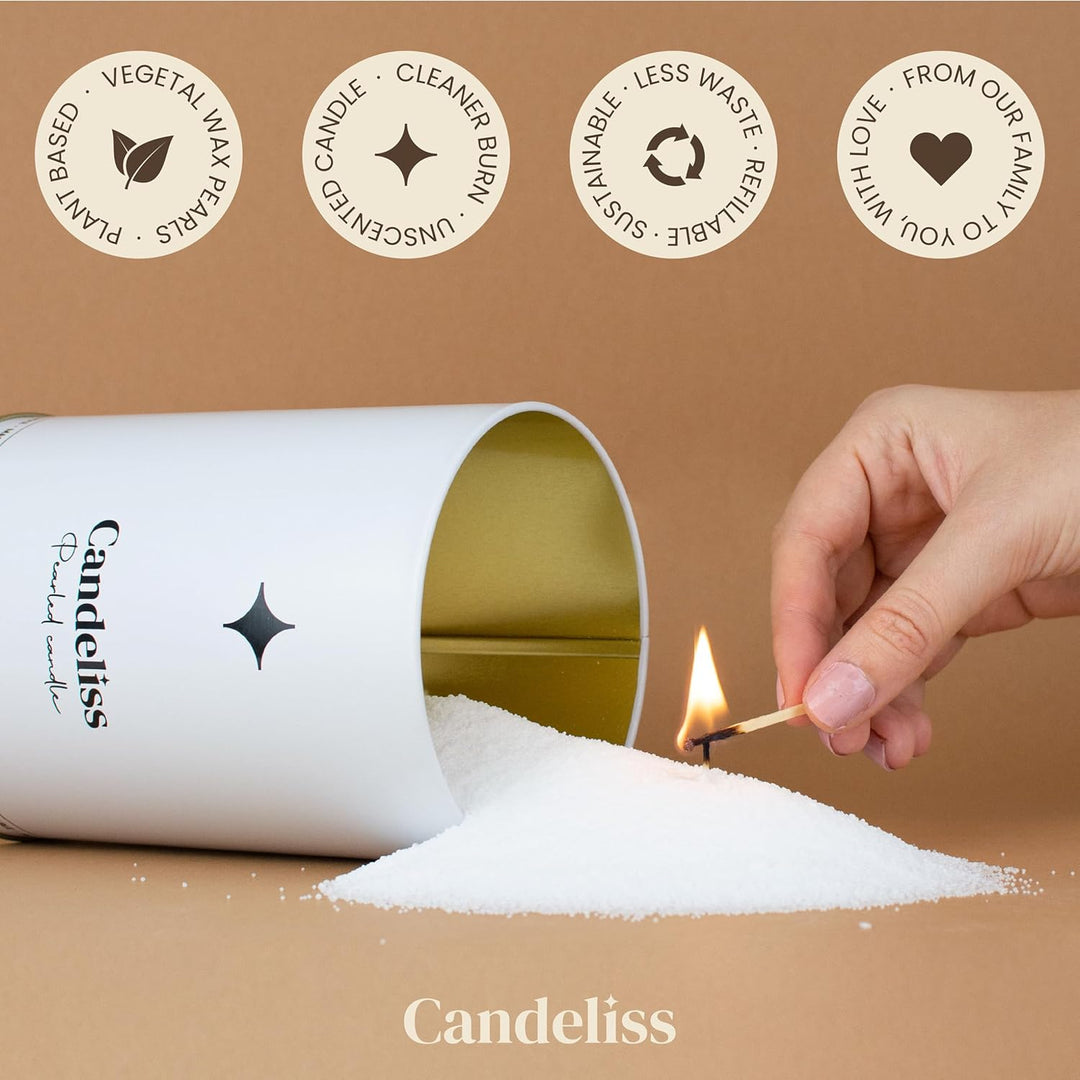 Kerzensand mit Docht Set in edler, weisser Metalldose. Kerzen sand perlenkerzen Pearled candle powde