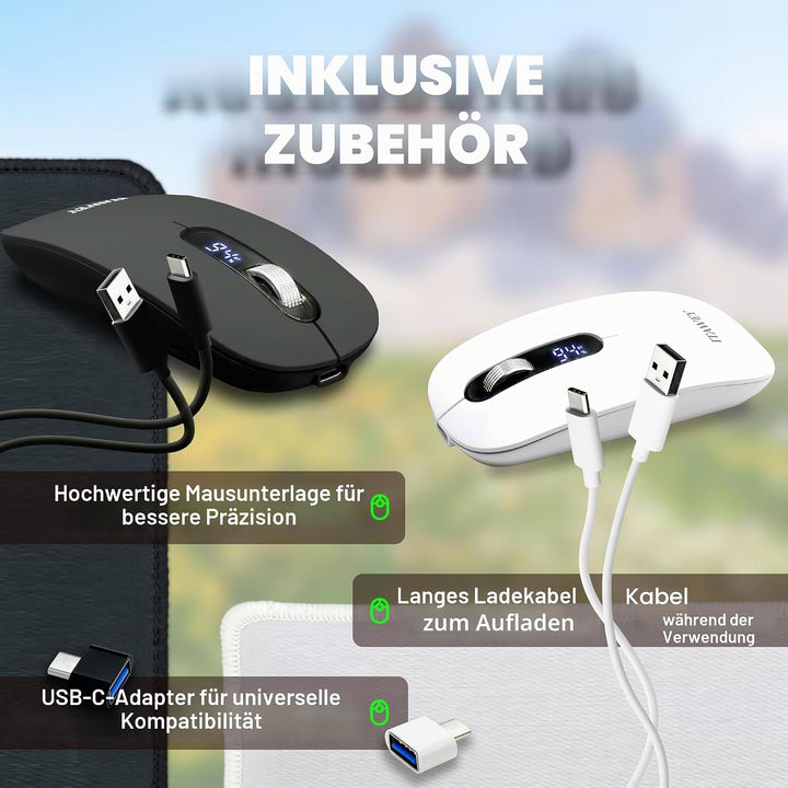 Kabellose Maus & Mauspad Set - mit LCD-Anzeige, Bluetooth & Nano USB, Tri-Modus, wiederaufladbar, le