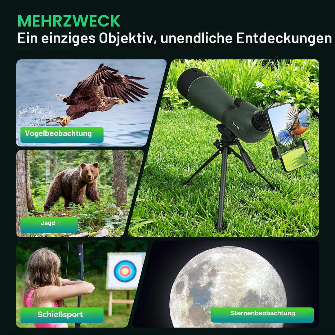 BIBIRE HD-Spektive für das Zielschiessen, 25-75x80-Winkelspektiv mit Stativ und Smartphone-Adapter,