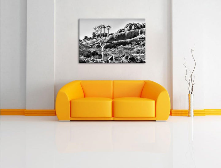 Pixxprint Monocrome, aussergewöhnlicher Baum im Steingebirge, Format: 100x70 auf Leinwand, XXL riesi